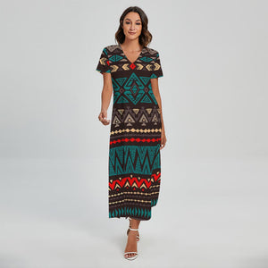 Teal And Brown Aztec Pattern Print Short Sleeve Maxi Dress