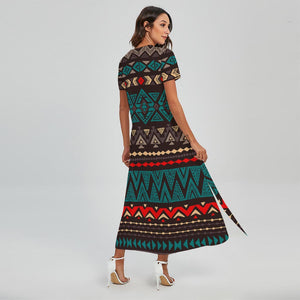 Teal And Brown Aztec Pattern Print Short Sleeve Maxi Dress