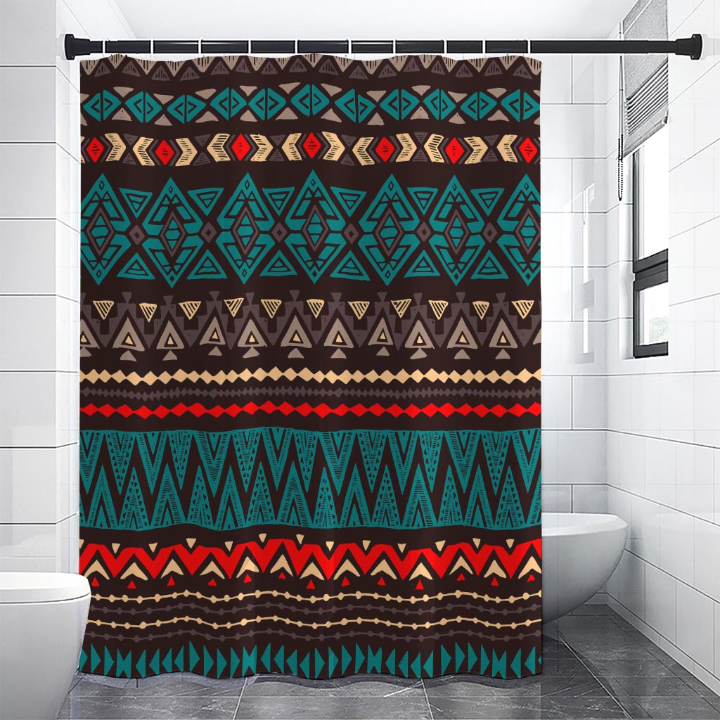 Teal And Brown Aztec Pattern Print Shower Curtain