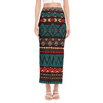 Teal And Brown Aztec Pattern Print Side Slit Maxi Skirt