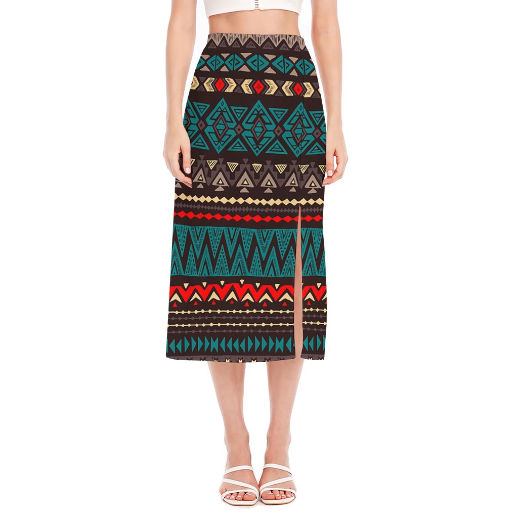 Teal And Brown Aztec Pattern Print Side Slit Midi Skirt