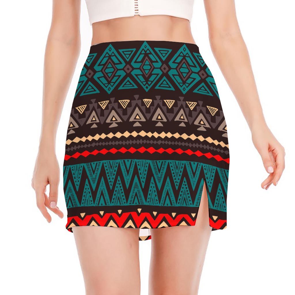 Teal And Brown Aztec Pattern Print Side Slit Mini Skirt