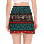 Teal And Brown Aztec Pattern Print Side Slit Mini Skirt