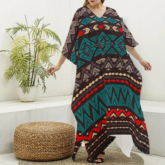Teal And Brown Aztec Pattern Print Silk V-Neck Kaftan Dress