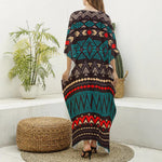 Teal And Brown Aztec Pattern Print Silk V-Neck Kaftan Dress