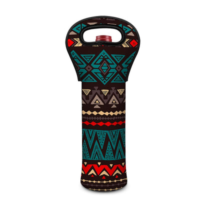 Teal And Brown Aztec Pattern Print Single Neoprene Wine Tote