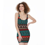 Teal And Brown Aztec Pattern Print Sleeveless Bodycon Dress