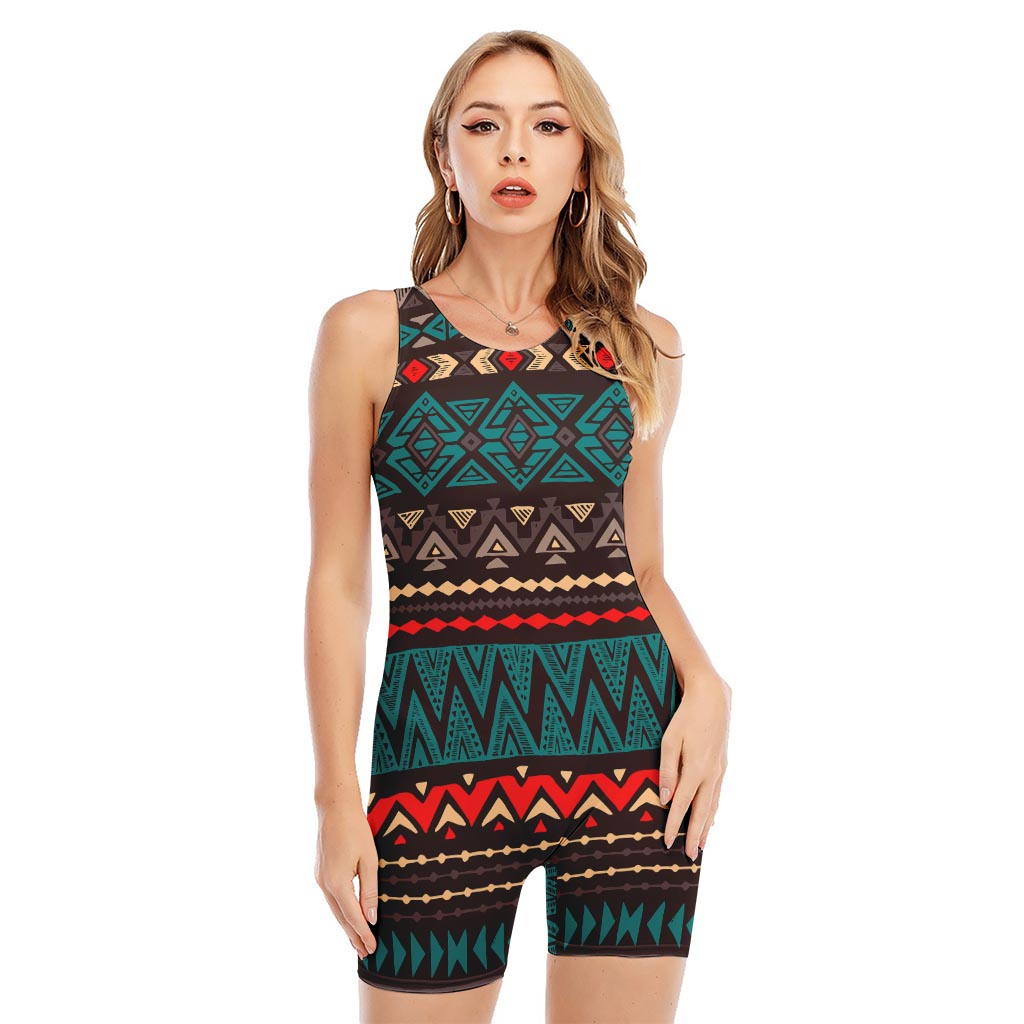 Teal And Brown Aztec Pattern Print Sleeveless One Piece Swimsuit