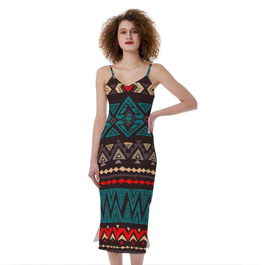 Teal And Brown Aztec Pattern Print Slim Fit Midi Cami Dress