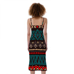 Teal And Brown Aztec Pattern Print Slim Fit Midi Cami Dress