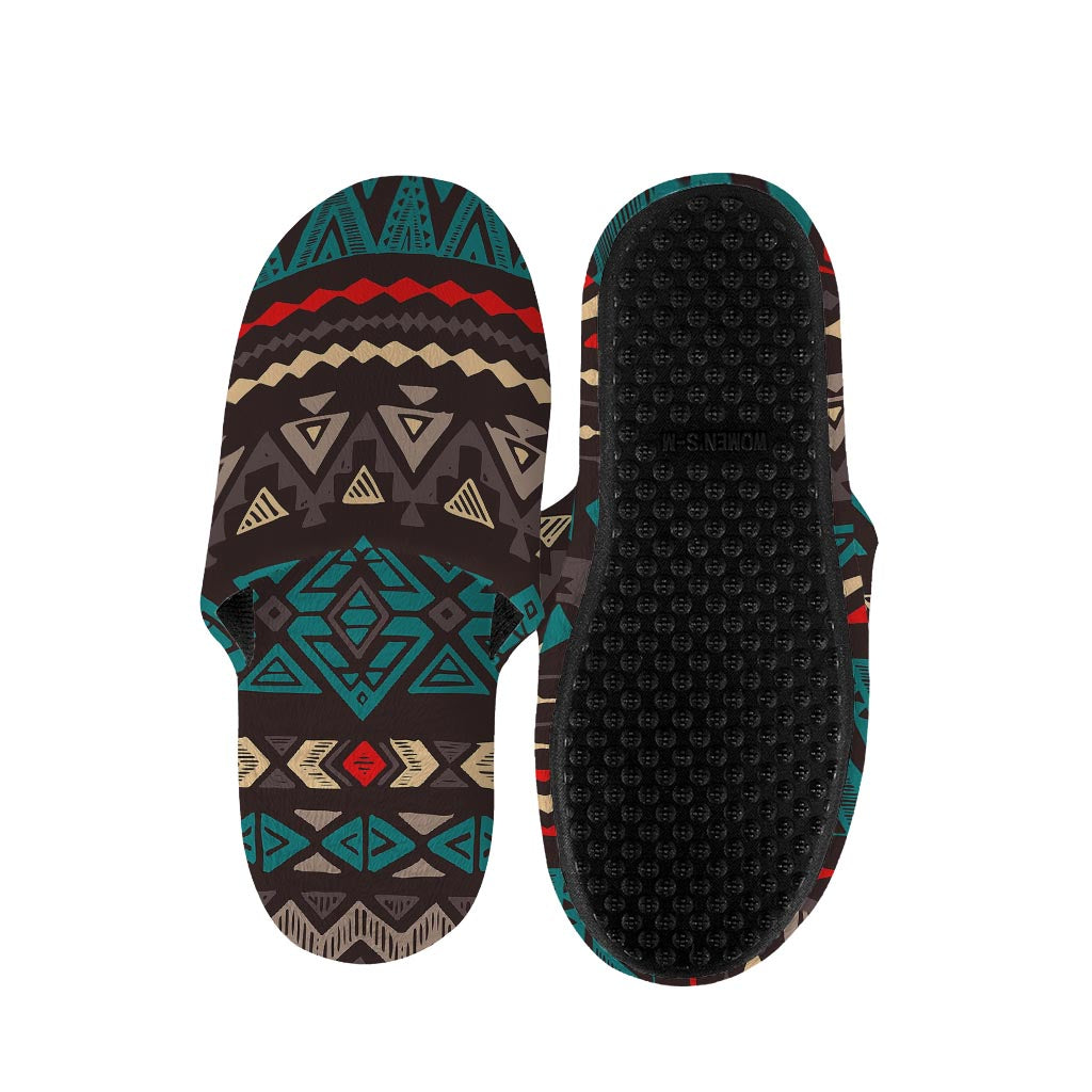 Teal And Brown Aztec Pattern Print Slippers