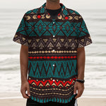 Teal And Brown Aztec Pattern Print Textured Short Sleeve Shirt