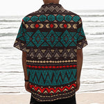 Teal And Brown Aztec Pattern Print Textured Short Sleeve Shirt