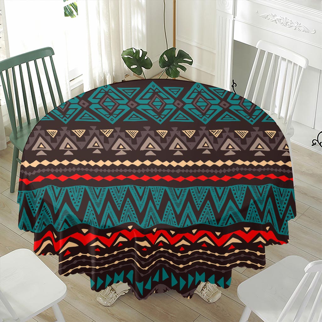 Teal And Brown Aztec Pattern Print Waterproof Round Tablecloth