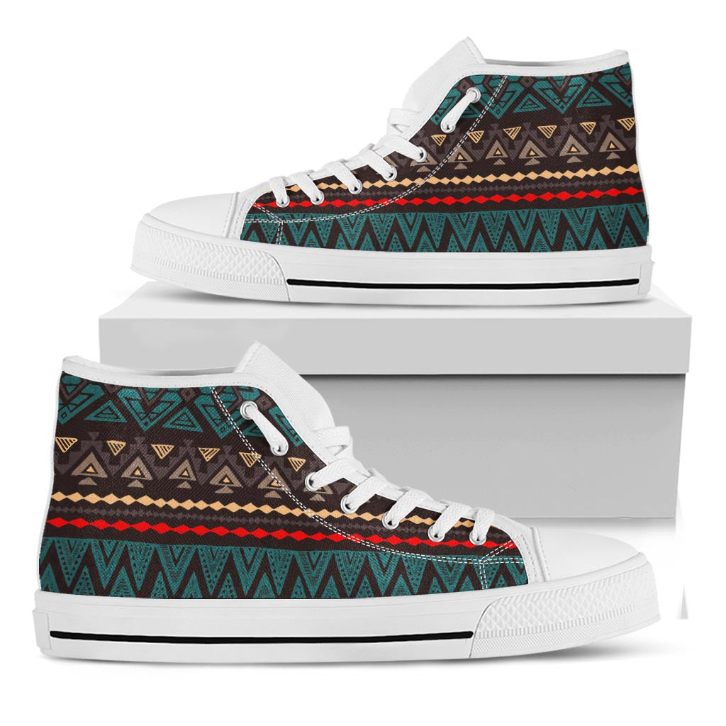 Teal And Brown Aztec Pattern Print White High Top Sneakers