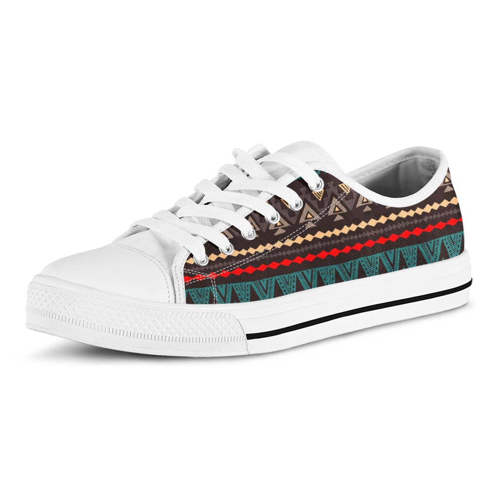 Teal And Brown Aztec Pattern Print White Low Top Sneakers