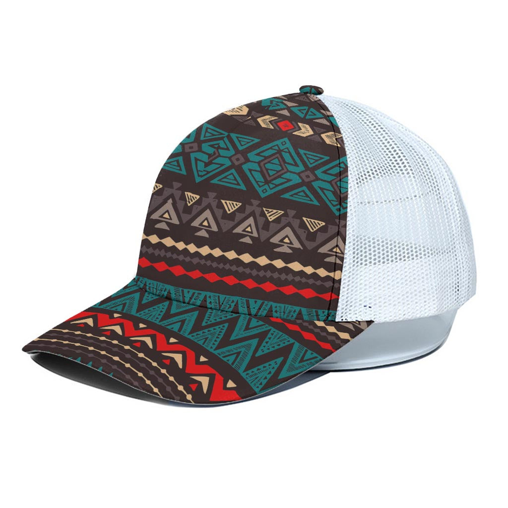 Teal And Brown Aztec Pattern Print White Mesh Trucker Cap
