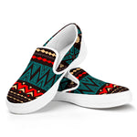 Teal And Brown Aztec Pattern Print White Slip On Sneakers