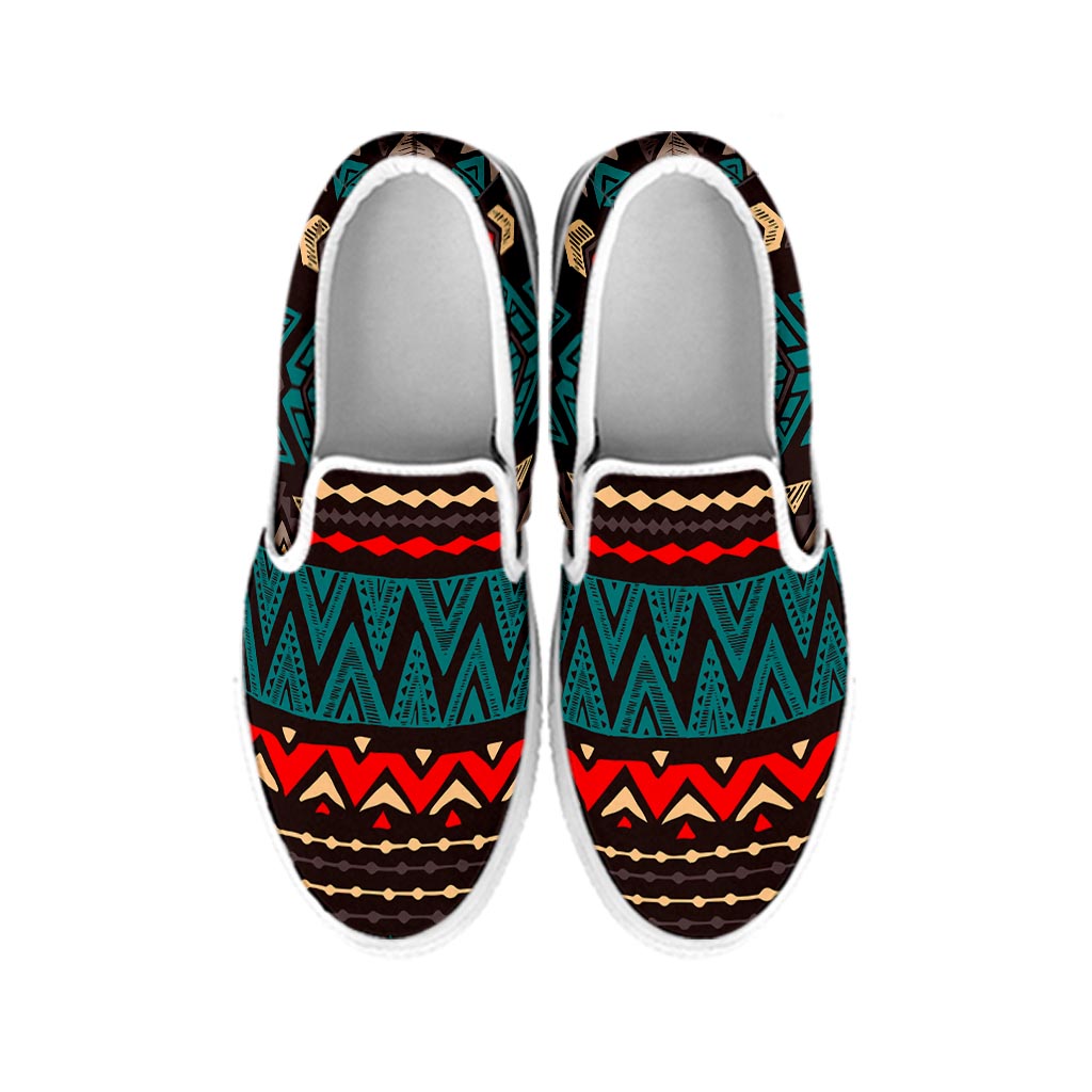 Teal And Brown Aztec Pattern Print White Slip On Sneakers