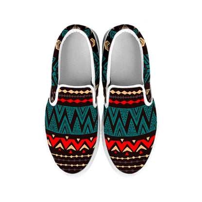 Teal And Brown Aztec Pattern Print White Slip On Sneakers