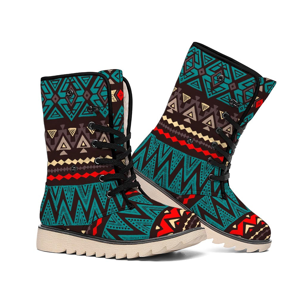 Teal And Brown Aztec Pattern Print Winter Boots