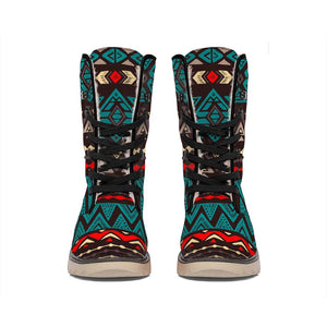 Teal And Brown Aztec Pattern Print Winter Boots