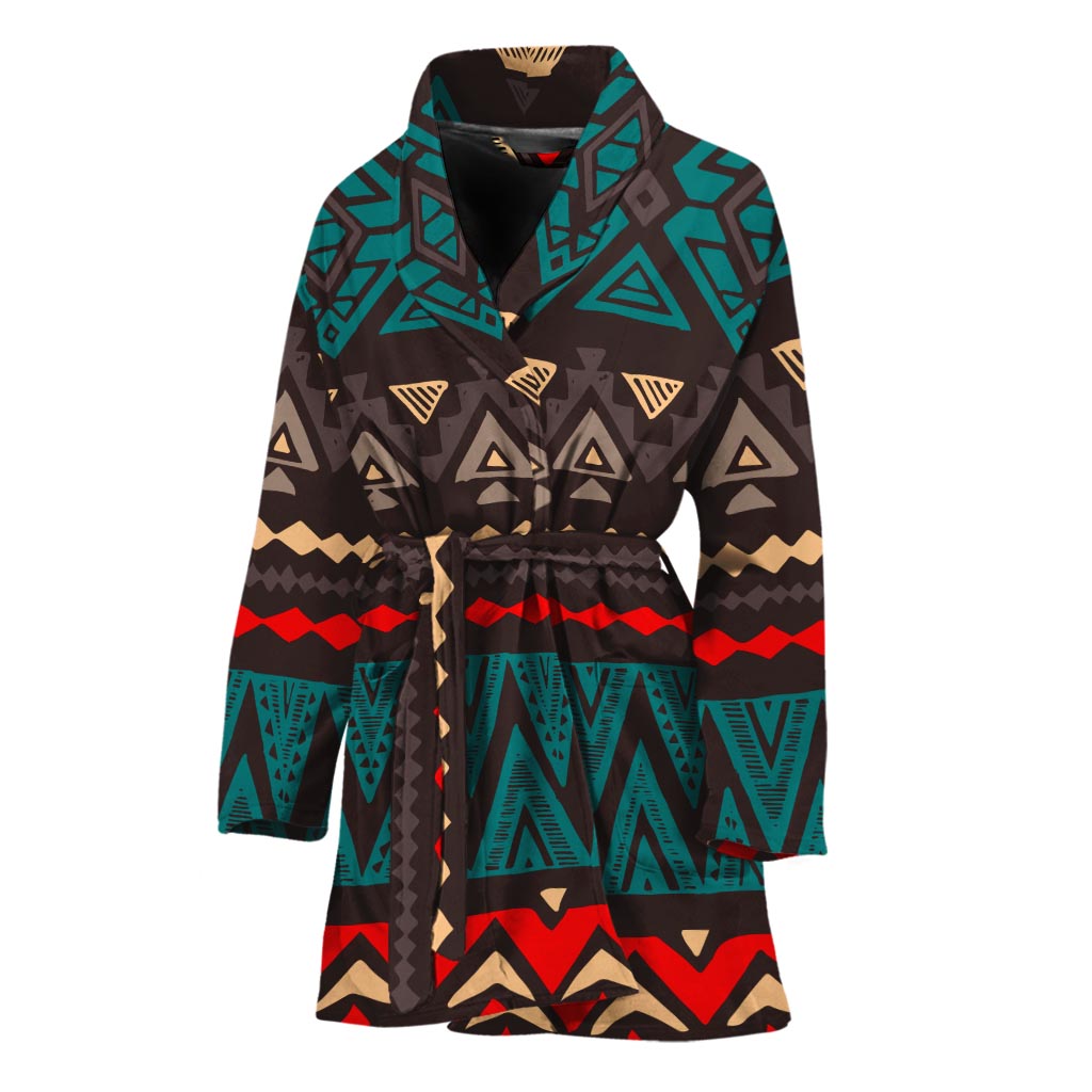 Teal And Brown Aztec Pattern Print Women's Bathrobe