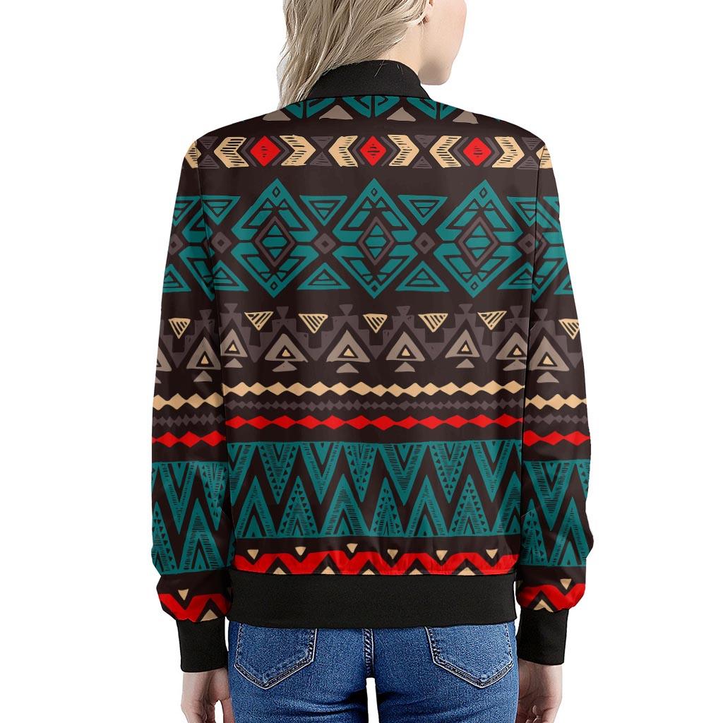 Teal And Brown Aztec Pattern Print Women's Bomber Jacket