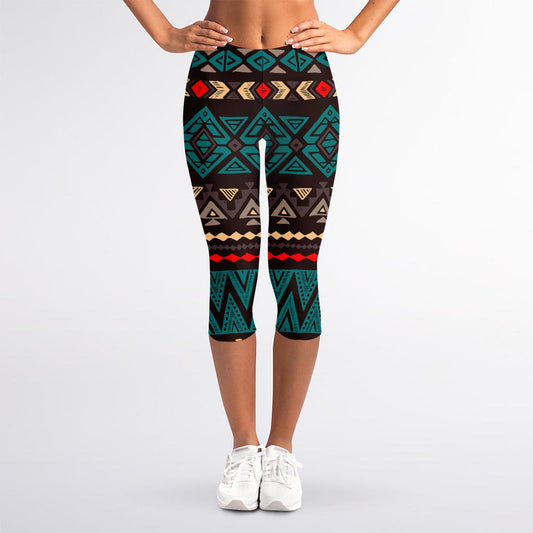 Teal And Brown Aztec Pattern Print Women's Capri Leggings