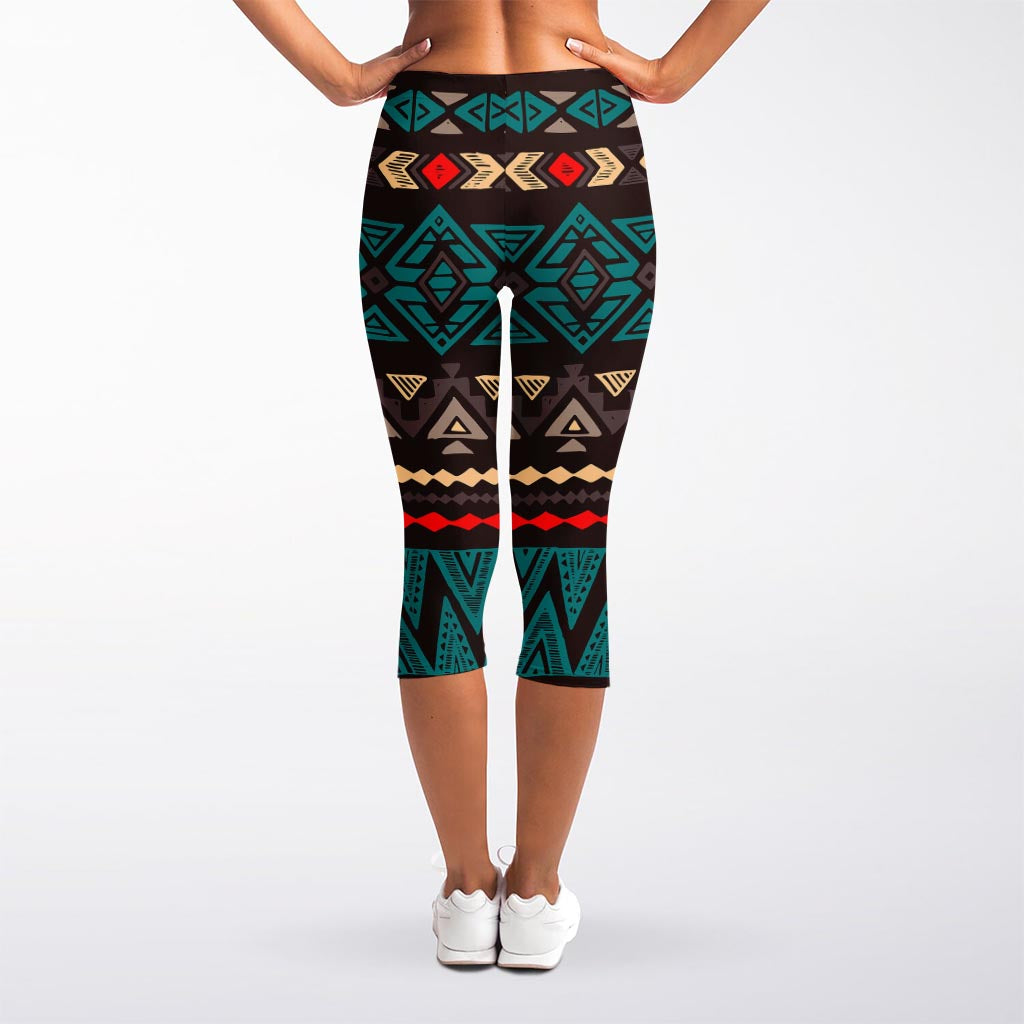 Teal And Brown Aztec Pattern Print Women's Capri Leggings