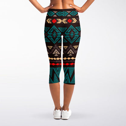 Teal And Brown Aztec Pattern Print Women's Capri Leggings