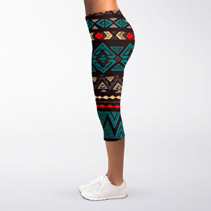 Teal And Brown Aztec Pattern Print Women's Capri Leggings