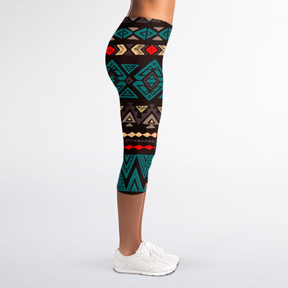 Teal And Brown Aztec Pattern Print Women's Capri Leggings