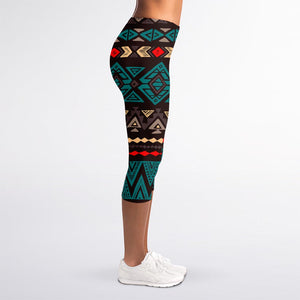 Teal And Brown Aztec Pattern Print Women's Capri Leggings