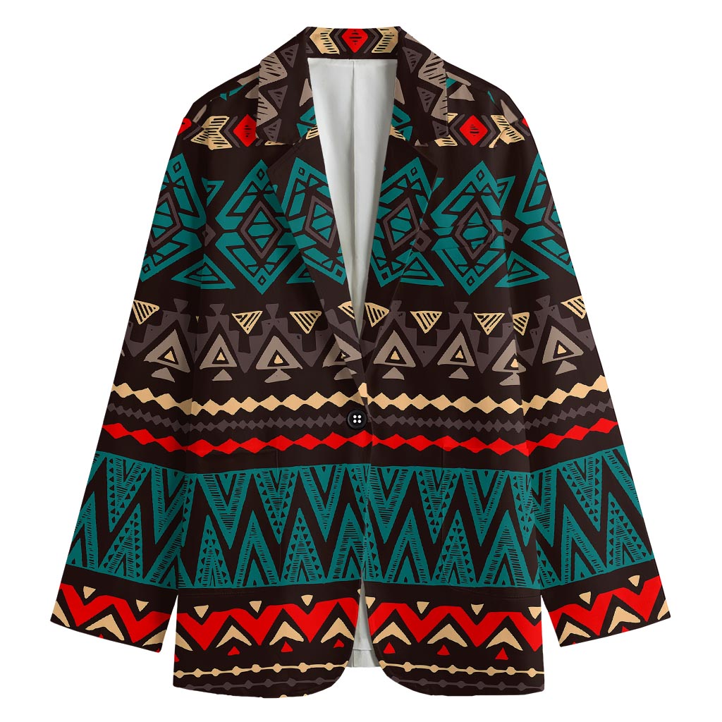 Teal And Brown Aztec Pattern Print Women's Cotton Blazer