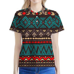 Teal And Brown Aztec Pattern Print Women's Polo Shirt