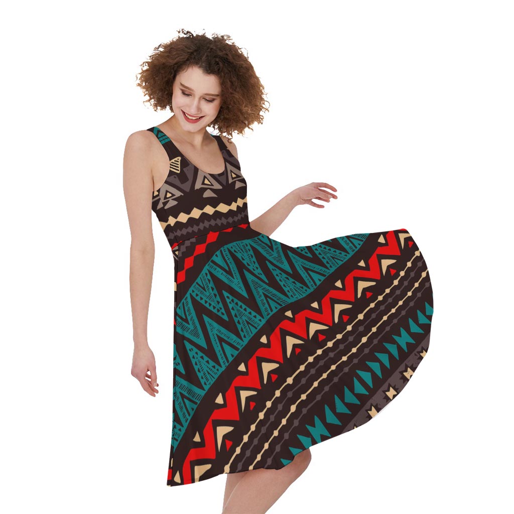 Teal And Brown Aztec Pattern Print Women's Sleeveless Dress