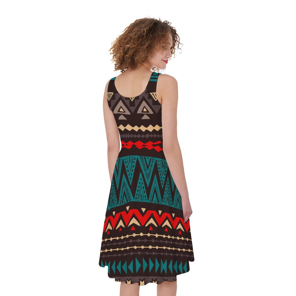 Teal And Brown Aztec Pattern Print Women's Sleeveless Dress