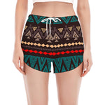 Teal And Brown Aztec Pattern Print Women's Split Running Shorts