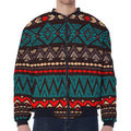 Teal And Brown Aztec Pattern Print Zip Sleeve Bomber Jacket