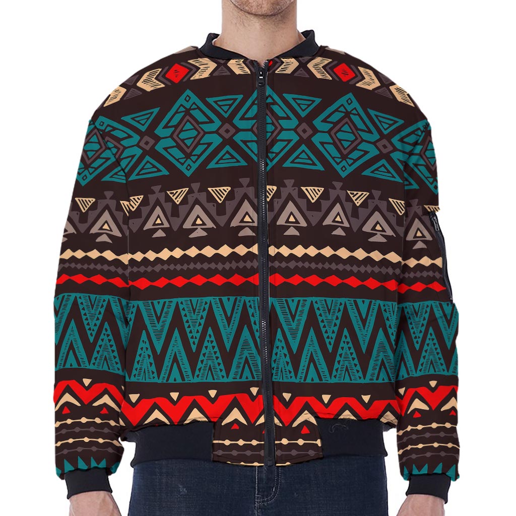 Teal And Brown Aztec Pattern Print Zip Sleeve Bomber Jacket
