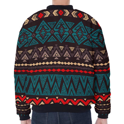 Teal And Brown Aztec Pattern Print Zip Sleeve Bomber Jacket