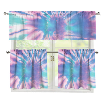 Teal And Pink Tie Dye Print 3 Piece Kitchen Curtains