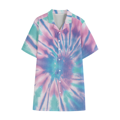 Teal And Pink Tie Dye Print Cotton Hawaiian Shirt