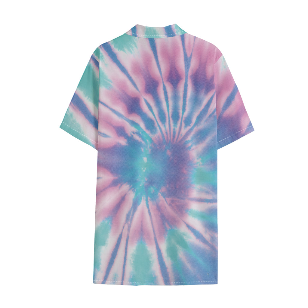 Teal And Pink Tie Dye Print Cotton Hawaiian Shirt