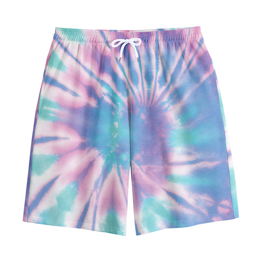 Teal And Pink Tie Dye Print Cotton Shorts