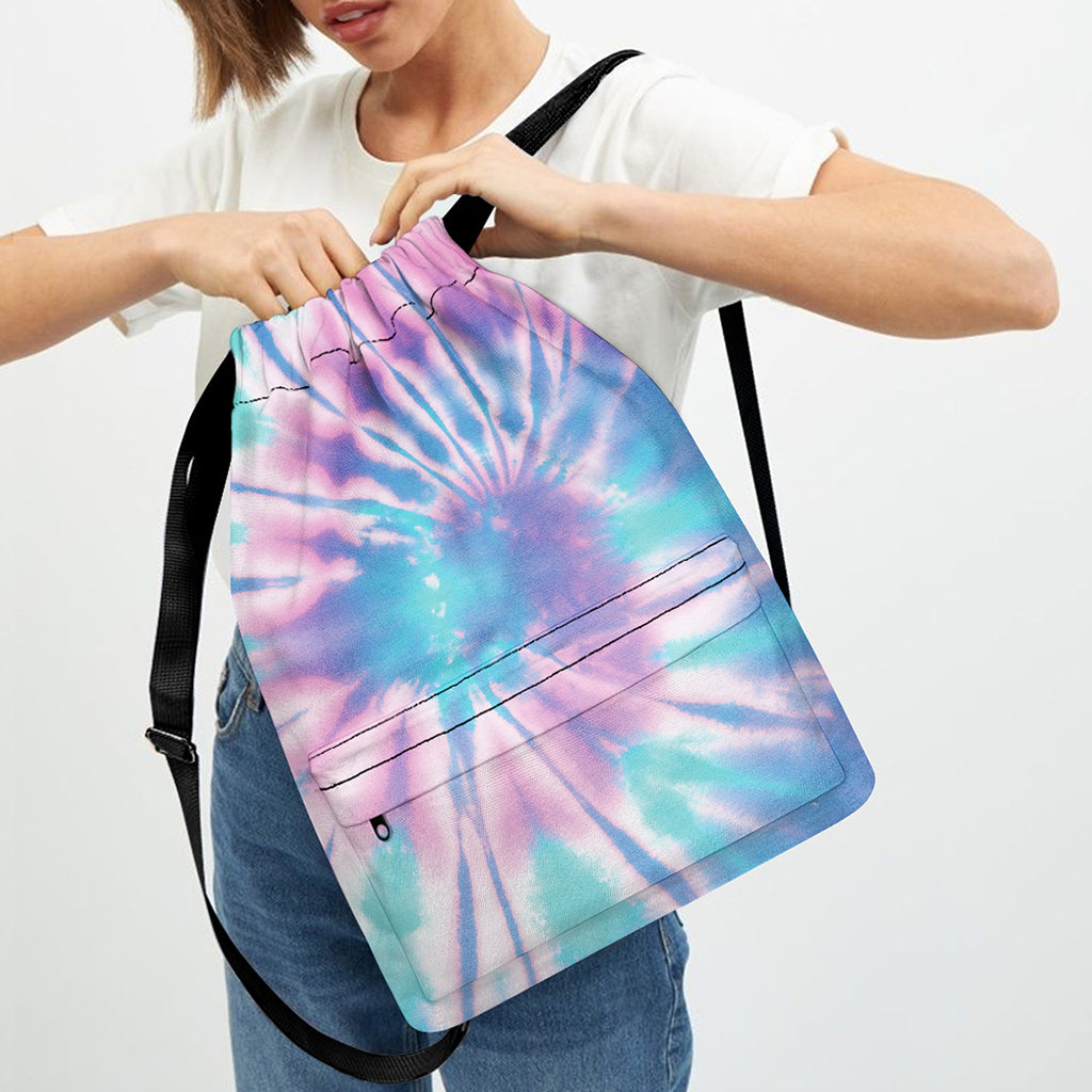 Teal And Pink Tie Dye Print Drawstring Backpack