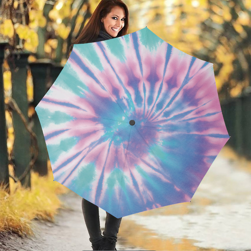 Teal And Pink Tie Dye Print Foldable Umbrella