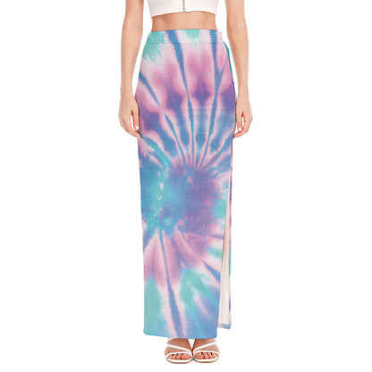 Teal And Pink Tie Dye Print High Slit Maxi Skirt