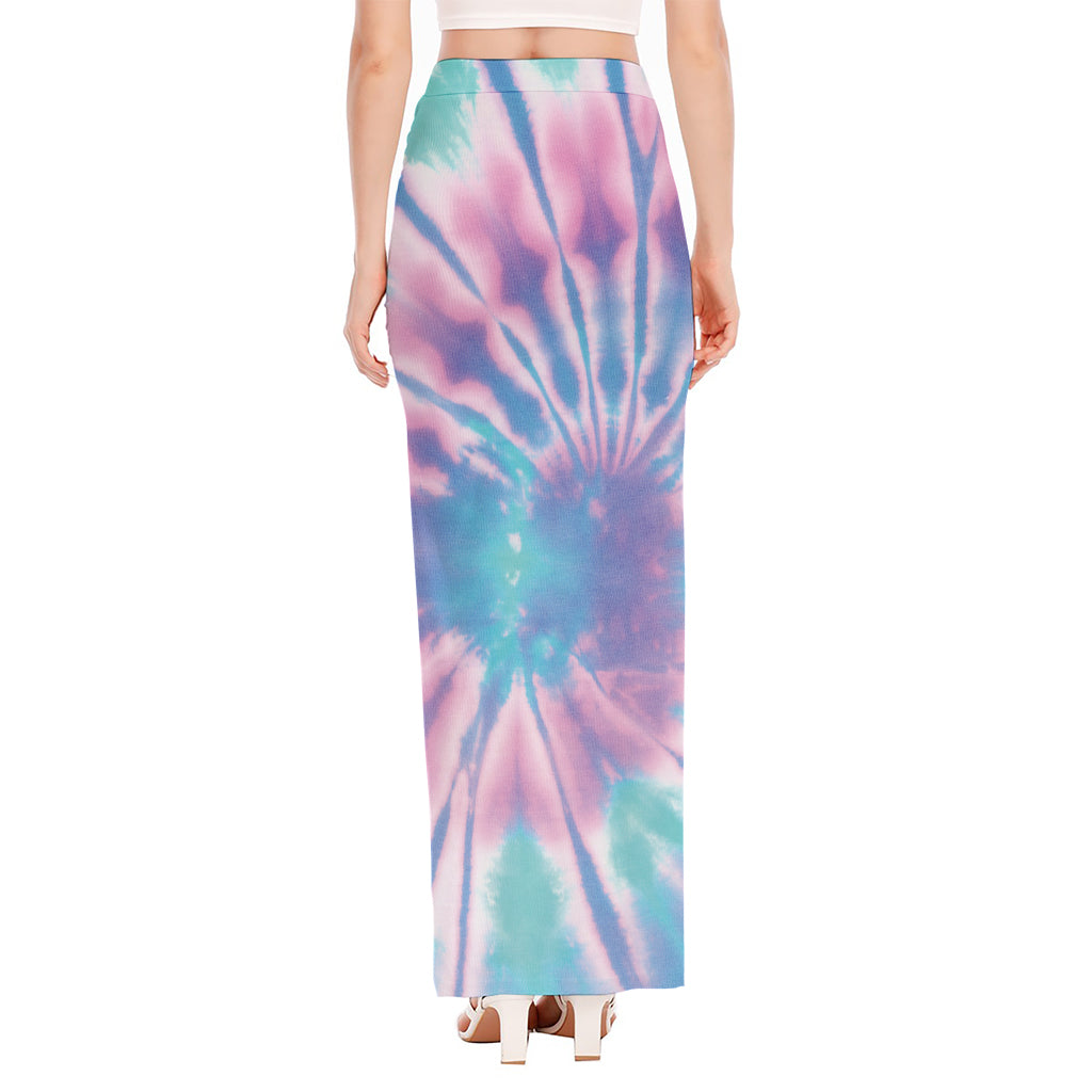 Teal And Pink Tie Dye Print High Slit Maxi Skirt